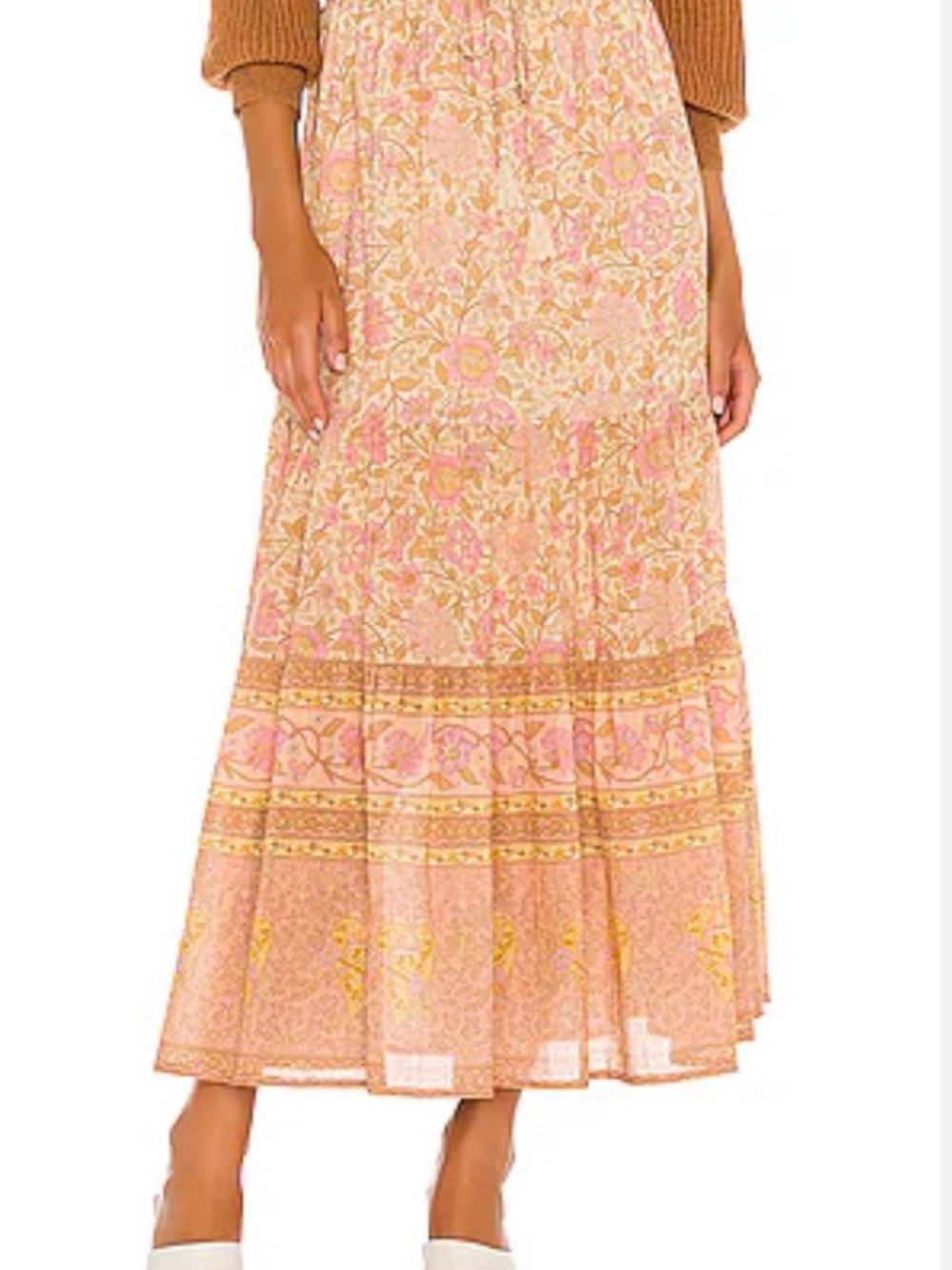 Spell Pink and Gold Paisley Tiered Maxi Skirt